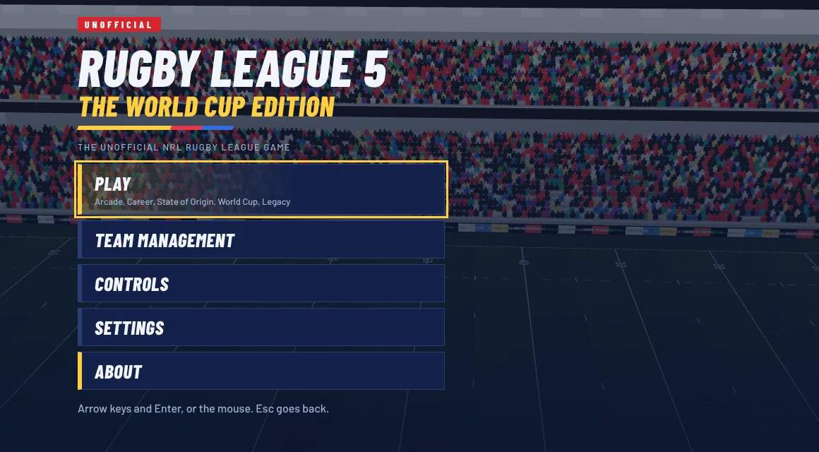 Rugby League 5 main menu: Play, Team Management, Controls, Settings, About